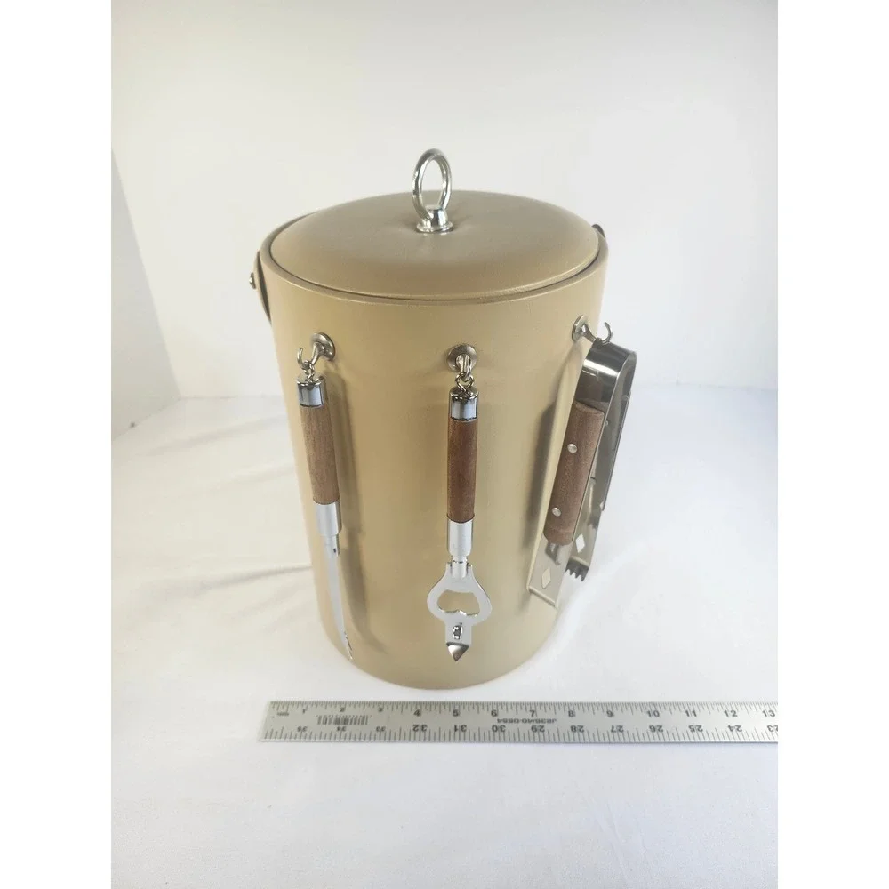 Vintage Mid Century Modern Ice Bucket Tan Vinyl Wood Handle Bar Tools Set MCM